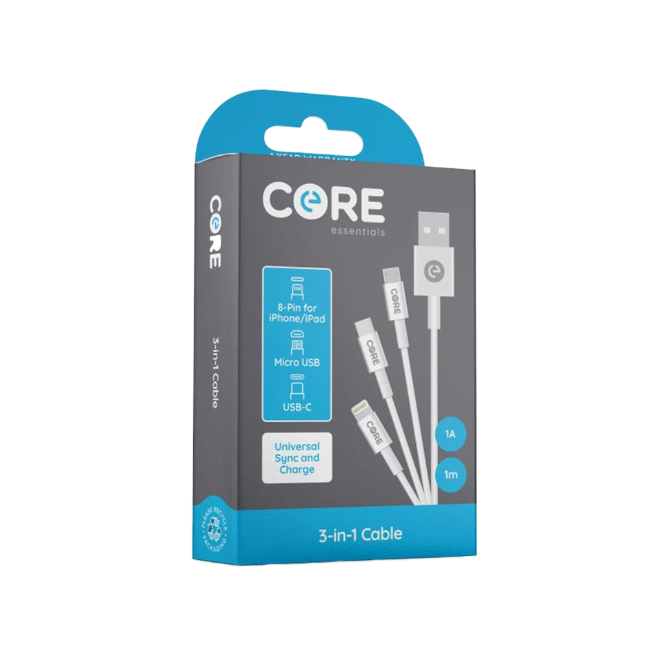 Core 3-in-1 Cable 1m PVC White 1A/5W